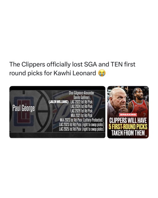 The Clippers just lost 5 first round picks 🚨😳

The Clippers’ Kawhi Leonard situation just became a disaster. The NBA concluded its investigation into the team’s relationship with Aspiration and determined that the Clippers circumvented the salary cap through an improper endorsement arrangement involving Kawhi. 

The punishment is enormous. The Clippers were stripped of five future first-round picks, while owner Steve Ballmer received a one-year suspension and a $30 million fine. Kawhi himself was fined $700,000 but was not suspended. 

It makes the entire Kawhi era look even worse. Los Angeles already sacrificed a ridiculous amount of draft capital to acquire Paul George in 2019, a move largely made because Kawhi wanted another superstar beside him. Despite all of that, the Kawhi-PG Clippers never even reached the NBA Finals.

Now the Clippers have lost even more future assets because of the Kawhi situation. What was supposed to be the move that finally turned the Clippers into champions instead brought injuries, playoff disappointments, lost draft picks and one of the biggest organizational scandals the franchise has ever dealt with. 

Follow US @sportsculture to stay tapped in if you love sports