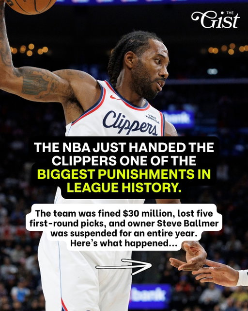 The NBA just dropped the hammer on the Clippers.🚨 ⁣
⁣
After finding the team violated salary-cap rules involving Kawhi Leonard, the NBA has fined the Clippers $30M, stripped them of five first-round picks, and suspended owner Steve Ballmer for one year. 🤯⁣
⁣
And that’s just the beginning. 👀⁣
⁣
#nba #menssports #basketball