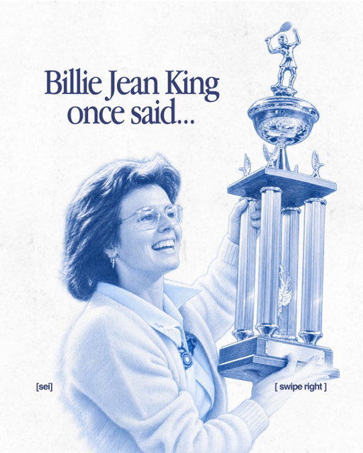 On September 20, 1973, ninety million people watched Billie Jean King play one tennis match. She said losing to Bobby Riggs would have set women back fifty years. She won in straight sets.

Nobody hands you a moment like that. The stakes show up because years of work invited them.

Comment « GENIUS » and we’ll DM you the breakdowns of the world’s sharpest minds.

Follow @sei.come.sei where we share actionable wisdom on creativity, success stories, and personal development advice.

Our mission is to replace useLESS content with useFUL content.

Our North star is changing our generation’s content diet.

Comment « SEI » if you support our mission.

We filter 100+ hours of world-class expert content into 3 minutes of actionable wisdom on creativity, success, and growth. Every week. Straight to your inbox.