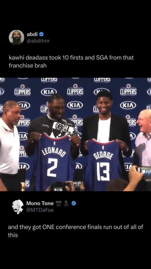 Kawhi Leonard might have pulled off the greatest fleece in NBA history 😭

The Clippers wanted Kawhi so badly that the NBA just hit the organization with $30 MILLION in fines and took away five first-round picks — one in every draft from 2029 through 2033 — after finding that the team violated salary-cap circumvention rules while helping Leonard secure off-court income opportunities.

Steve Ballmer is suspended for a YEAR. Lawrence Frank is suspended for six months. Gillian Zucker is suspended for a year.

And Kawhi?

$700K fine. No suspension. Contract intact. 😭

The whole thing centers around multiple endorsement arrangements, most notably the infamous $28 million Aspiration deal, which became the centerpiece of the NBA’s investigation. The league ultimately found a pattern of misconduct and significant rule violations by the Clippers organization.

Think about that for a second.

The Clippers lost FIVE future first-round picks, $30 million, and their owner can’t participate in NBA/team activities for an entire year…

Meanwhile Kawhi gets to keep playing basketball.

He already got the championship in Toronto, got the massive Clippers deal, got the franchise to build its entire future around him — and now the Clippers are paying the most ridiculous bill imaginable for how badly they wanted him in L.A. 😭

Kawhi didn’t just win the free-agency battle. He had the Clippers fighting the NBA afterward.

(c) clipperscrew/tt