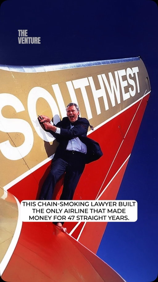 Southwest sold a quarter of its fleet to make payroll, and that is how it found the thing that made money for the next 47 years.

Being poor forced a question nobody else had to ask. Every other airline owned enough aircraft, so an hour parked between flights was normal and nobody examined it. Southwest had three planes and a four plane schedule, so they had to work out how fast a jet could be emptied, refilled and sent back up. The answer was ten minutes. A plane only earns money in the air, and Southwest was getting close to a third more flying out of every aircraft it owned.

Several big airlines tried to copy it and none of them managed. A ten minute turn only works if everything else bends around it: one type of aircraft, no assigned seats, no meals, no bags handed to other airlines, and no hub to feed. Copying Southwest meant dismantling the system they had built their entire business on.

Southwest made money for 47 straight years and never laid off an employee. Herb also once settled a trademark dispute by arm wrestling the other chairman with a cigarette in his teeth. He lost, and the man handed over the slogan anyway.

Follow @theventure for the greatest founder stories ever told.