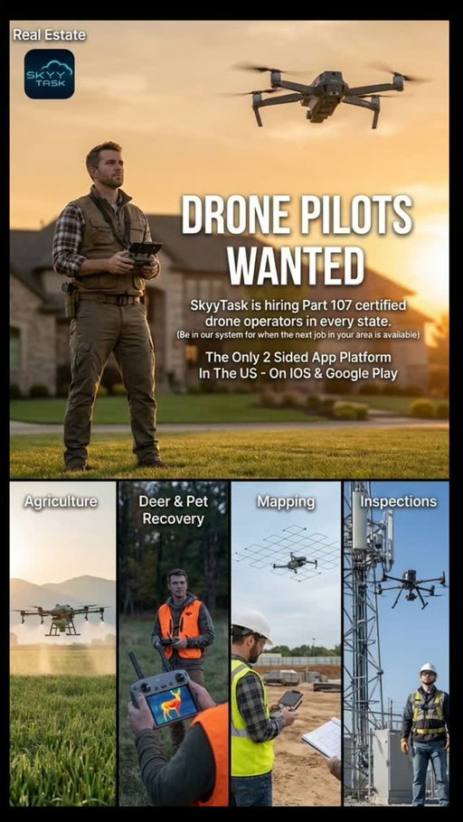 Drone Pilots Wanted: Get Paid for Part 107 Gigs in Your State! 
Are you a Part 107 certified drone pilot looking to scale your drone business and find consistent, high-paying gigs?SkyyTask is officially onboarding commercial drone operators in every single state! Whether your expertise is in real estate, infrastructure inspections, precision agriculture, or thermal deer and pet recovery, we have a stream of jobs waiting for local experts like you.Why join the SkyyTask network?

🔹 The Only 2-Sided Drone App Platform in the US—connecting you directly with clients.
🔹 Available nationwide on both iOS and Google Play.
🔹 Get in the system early to secure the next available commercial job in your zip code.Don't let your Part 107 license sit idle. Build your portfolio, choose your industries, and maximize your flight hours.

👉 Download the SkyyTask app today on the App Store or Google Play Store and complete your pilot onboarding!

#DronePilot #Part107 #dronejobs #dronelife #dronebusiness
