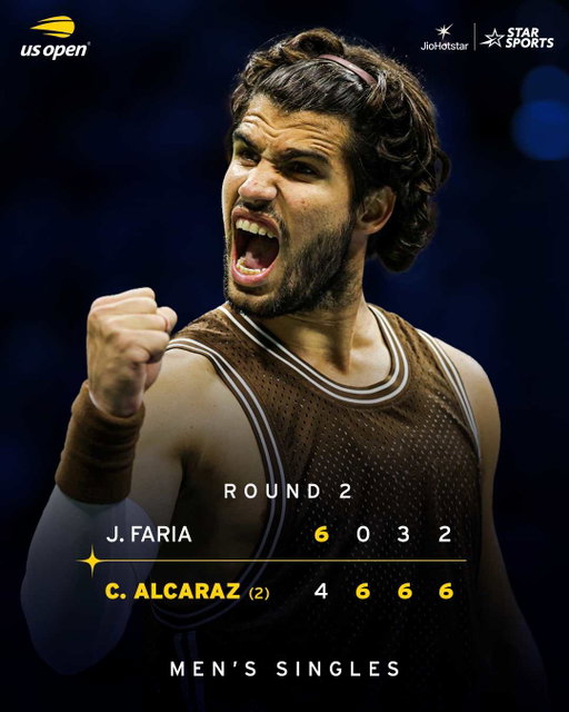 The defending champion marches ahead! 💪

Carlos Alcaraz bounced back in style, winning three consecutive sets against Jaime Faria to seal his spot in Round 3! 🔥

Watch #USOpen 2026 👉 LIVE on Star Sports & JioHotstar