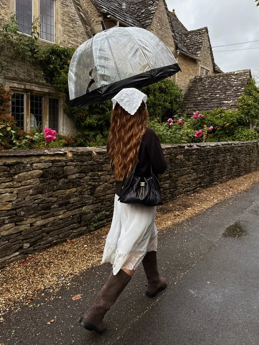 From a rainy day in the Cotswolds ☔️ 

#outfitinspo #autumnoutfitideas #autumnfashion #autumnoutfits #pinterestinspired - transitional outfit inspo, romantic styling, suede, lace shorts, knitwear, Chanel bag, hair inspo, English countryside
