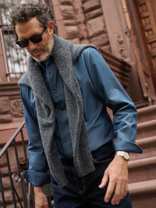 Comfort with character.

Featuring:
- Navy Melange Italian Brushed Alpaca V-Neck Sweater
- Albiate Washed Slate Denim Dress Shirt
- Cody Stretch Vintage Straight Jean in Rinse Japanese Denim
- Italian Black Lizard Narrow Belt

#propercloth #mensstyling #falllookbook
