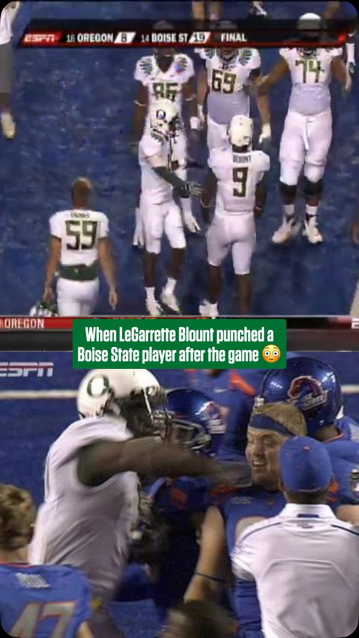 September 3, 2009. Boise State’s famous blue turf. One of the ugliest moments in modern college football. No. 16 Oregon just lost 19-8 to No. 14 Boise State in the season opener — and as the Broncos celebrated, DE Byron Hout got in LeGarrette Blount’s face, yelling and tapping his shoulder pads. Blount snapped, landing a right hook that dropped Hout to his knees, then had to be restrained by police from fans heckling him on the way to the tunnel. Chip Kelly suspended him for the rest of the season, ending his Oregon career on the spot. Blount later apologized: “I lost my head.” One punch, one legacy forever attached. 🦆