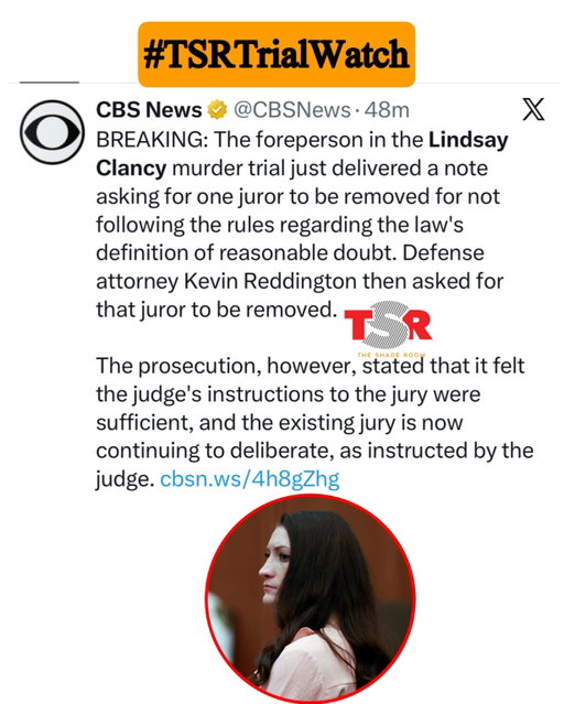 #TSRTrialWatch: The sixth day of jury deliberations in the #LindsayClancy murder trial has ended without a verdict. According to @cbsnews this comes after her lawyer asks to have a juror removed as deliberations continue. 
SWIPE ✍🏾#TSRStaffAS 📷:(@gettyimages)