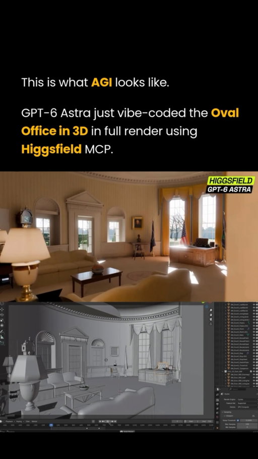 OpenAI just released its strongest model yet for coding, reasoning, and complex knowledge work, paired with real-time 3D generation.

GPT-6 Astra recreated the Oval Office in 3D from a single description. We described the set. Astra wrote the scene code. Higgsfield MCP built the location in Blender and rendered it with Cycles. The full pipeline ran end to end on @higgsfield.ai MCP.

The Oval Office is only the demonstration. The same workflow can turn one prompt into a playable game—including its mechanics, story, and assets.

#openai #higgsfieldpartner #chatgpt