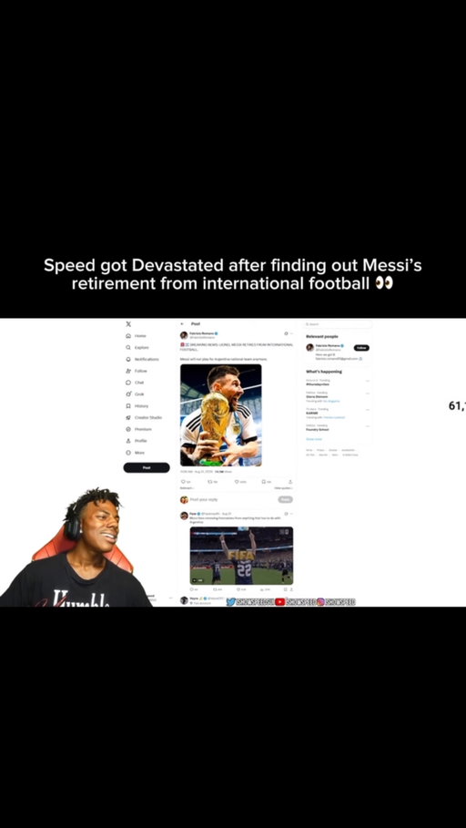 Speed never expected to be emotionally affected by news about Lionel Messi, but Fabrizio Romano’s announcement completely caught him off guard. While watching the news on stream, Speed slowly realized what he was hearing—that Messi had officially announced his retirement from international football at 39 after 21 years representing Argentina. He immediately started pleading for someone to confirm that it wasn’t true, staring at the screen in disbelief as the reality began to sink in. Despite being one of Cristiano Ronaldo’s biggest supporters, Speed has always shown enormous respect for Messi, and seeing the Argentine legend step away from international football clearly hit him hard. Messi leaves Argentina duty after an incredible career that saw him score 125 goals in 207 appearances, bringing an end to one of the greatest international careers football has ever seen. For Speed, it wasn’t about the Ronaldo-Messi rivalry anymore—it was simply the realization that one of football’s biggest icons would no longer represent his country. The emotional reaction showed just how much Messi’s career has meant to fans around the world, even to those who spent years supporting his greatest rival.

Follow @speed._fanpage for more exciting content !!

#IShowSpeed #Speed #Messi #Argentina #Football