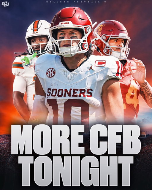 𝐅𝐑𝐈𝐃𝐀𝐘 𝐍𝐈𝐆𝐇𝐓 𝐅𝐎𝐎𝐓𝐁𝐀𝐋𝐋: It’s another GREAT DAY for College Football ☀️🏈

Week One is officially underway. After a packed opening night, we’ve got eight more games on the schedule tonight, including several matchups worth keeping an eye on. 

𝐌𝐢𝐚𝐦𝐢 𝐯𝐬. 𝐒𝐭𝐚𝐧𝐟𝐨𝐫𝐝
No. 7 Miami hits the road for its season opener, traveling across the country to take on Stanford.

𝐔𝐓𝐄𝐏 𝐯𝐬. 𝐎𝐤𝐥𝐚𝐡𝐨𝐦𝐚
No. 10 Oklahoma enters the season with plenty of returning talent from last year’s College Football Playoff team. UTEP, meanwhile, is coming off 19 losses over the past two seasons and will have an entirely new-look offense.

𝐅𝐫𝐞𝐬𝐧𝐨 𝐒𝐭𝐚𝐭𝐞 𝐯𝐬. 𝐔𝐒𝐂
USC looks to carry its momentum from last week’s win over San José State as the Trojans look to start the season 2-0.

There’s a full slate tonight. Can’t wait🔥

Which game are you watching tonight? ⬇️