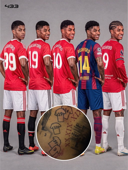 𝗧𝗪𝗢 𝗠𝗢𝗥𝗘 𝗡𝗨𝗠𝗕𝗘𝗥𝗦 𝗔𝗗𝗗𝗘𝗗: 9️⃣ & 1️⃣4️⃣ ✒️

Marcus Rashford keeps the tradition alive and tattoos his Barça jersey number and his new Man United jersey number 😍

He now has a tattoo of every jersey number he has worn during his career:

9️⃣ Man United 🔴
🔟 Man United 🔴
1️⃣4️⃣ Barcelona 🔵🔴
1️⃣9️⃣ Man United 🔴
3️⃣9️⃣ Man United 🔴

Previously, they were all his Man United shirt numbers. But he has now added his Barcelona number too 🥹❤️