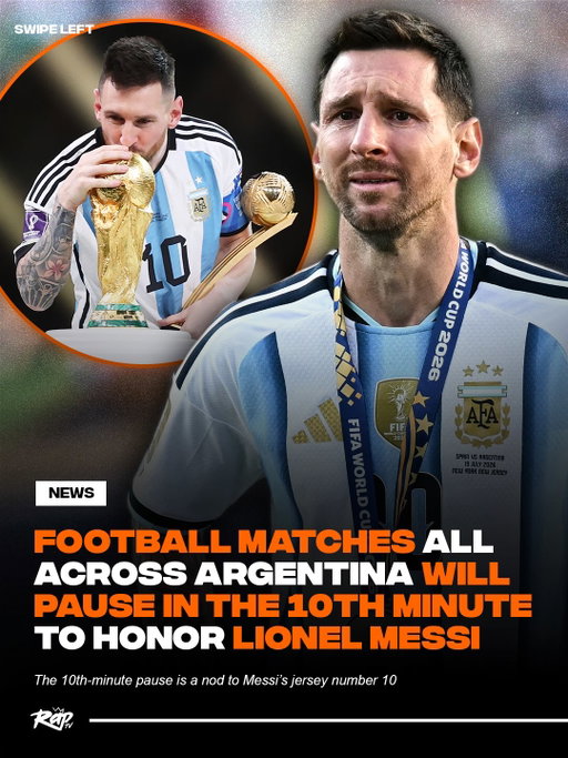 Argentina is giving Messi one final standing ovation‼️

Matches across the country will pause for 60 seconds in the 10th minute this weekend, with players and fans applauding to honor Messi’s legendary career with the national team.

The tribute comes after Messi announced his retirement from international football following the 2026 World Cup, where he led Argentina to a second-place finish and scored eight goals.

Messi finishes his Argentina career with 125 goals, including 21 at the World Cup, while leading the country to the 2021 and 2024 Copa América titles and the 2022 World Cup.

The 10th minute was chosen in honor of the iconic No. 10 shirt Messi wore for Argentina throughout his career 🐐
