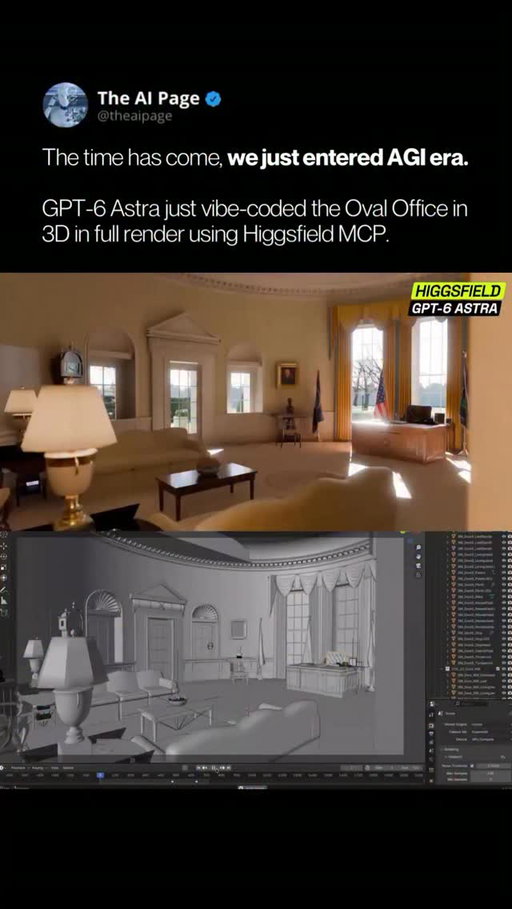OpenAI just released its strongest model yet for coding, reasoning, and complex knowledge work, paired with real-time 3D generation.

GPT-6 Astra recreated the Oval Office in 3D from a single description. We described the set. Astra wrote the scene code. Higgsfield MCP built the location in Blender and rendered it with Cycles. The full pipeline ran end to end on @Higgsfield.ai MCP.

The Oval Office is only the demonstration. The same workflow can turn one prompt into a playable game—including its mechanics, story, and assets.

#openai #higgsfieldpartner #chatgpt