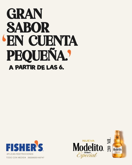 Modelo y Fisher’s se unen para hacer tus momentitos más especiales. A partir de las 6 pm, habrá promociones especiales con Modelito. 🍺🤏🏻 #ModelitoLoHaceEspecial