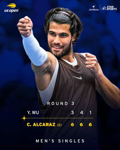 The defending champion keeps rolling! 🔥

Carlos Alcaraz cruised past Y.B. Wu in straight sets to storm into the Round of 16!

Watch the #USOpen 2026 LIVE on Star Sports Network and JioHotstar!