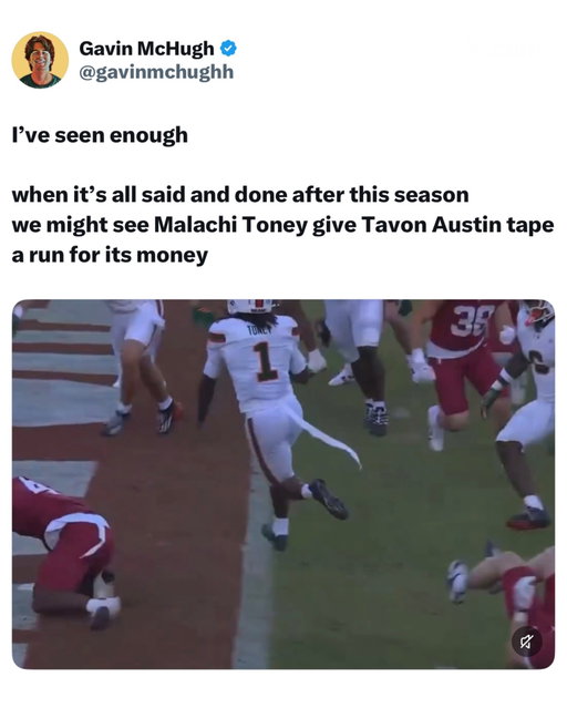 Malachi Toney delivered a historic performance in Miami’s season opener.

12 receptions
233 receiving yards
3 touchdowns
Miami single-game receiving record

After recording 1,211 receiving yards as a freshman, Toney opened his sophomore season by leading the Hurricanes to a dominant 45-6 victory over Stanford.

One game into the season, and Toney has already strengthened his case as the best wide receiver in college football.

Is he a legitimate Heisman contender?