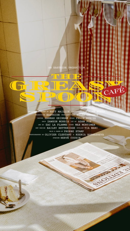 ‘The Greasy Spoon’ 

A story by Batt Maillie served by Octobre Éditions 

Full menu now live on Octobre-editions.com 

Writer/Director: Batt Maillie @batt.maillie
DP: Finn Boxer @finnboxer

Production: Eastside @eastsidestudio
Production Assistant: Tyler Lovence @tylerlovence
1st AC: Adam Fox @_adam.fox_ 
2nd AC: Zac La Flamme @zjlphotos
Gaffer: Hannah Grinham @onsetwithhannah
Spark: Felix Myhil @felix_myhill
Grip: Dawson Morris
Sound: Max Mortimer @max_soundandvision 
Art Dept: Bailey Betteridge @b.betteridge
Styling: Tia Mani @tiamanihowardjones
Hair & Makeup: Phoebe Stamp @facesbypheebs
Photography: Ksenia Burnasheva @mmmaqa & Olivier Clertant @olivier_clertant

Staring: Hervé Cousin @cousinherve62

Extras: 
Shari Montagnana @shariwho
Remell Ragoo @sugarcanemonk
Asaki Kan
Bharat Mistri
Clifford Saunders
Samantha Mccartney
Winston Garvey
Lena Barnes
Richard Seedhouse
Rich Allen
