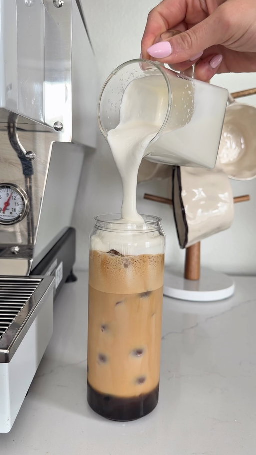 Coffee first always☕️✨

Recipe:

- pinch of salt
- 1-2 tbsp brown sugar syrup 
- double shot of espresso 
- Ice 
- milk of choice 
- vanilla cold foam (optional) 

Enjoy🫶🏼

#brownsugarshakenespresso 
#cannedlatte #homebarista #coffee