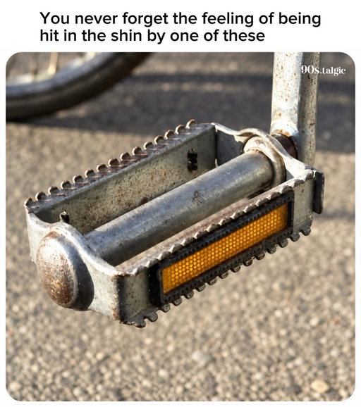 Real pain 

Those old school metal bike pedals were unforgiving. If your foot slipped while riding, the pedal could spin around and slam straight into your shin, leaving a scrape, bruise, or a pretty memorable welt. For a lot of kids who grew up riding bikes everywhere, it was practically a childhood rite of passage.