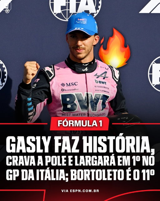 PIERRE GASLY SURPREENDENDO A TODOS! 😮🏎️ 

Pierre Gasly largará em 1º no GP da Itália. O piloto da Alpine cravou o melhor tempo no treino classificatório neste sábado (05), no Autódromo Nacional de Monza, e garantiu a primeira pole position na Fórmula 1. A largada acontece no domingo, às 10h (de Brasília).

O brasileiro Gabriel Bortoleto brigou até o fim por um lugar no Q3, mas caiu após volta rápida de Lewis Hamilton e sairá na 11ª posição em Monza.

#F1naESPN
