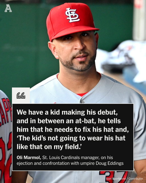 Oli Marmol didn’t hold back after getting ejected.

“Quite honestly, I thought it was pretty embarrassing on his end.”

The Cardinals manager took issue with umpire Doug Eddings telling rookie Hancel Rincon to fix his hat during his MLB debut.

Later, Eddings confirmed a challenged call, even after review, leaving St. Louis out of challenges. Troy Johnston scored despite appearing to be tagged.