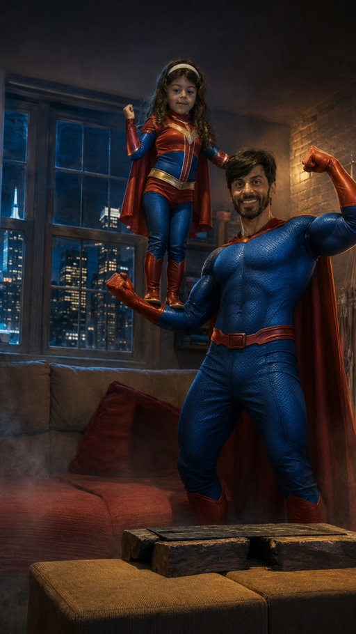 Ela se diverte!!! Trendzinha legal pra fazer!!! Pra replicar use o chat gpt e coloque esse prompt: Vista o homem com um uniforme de super-heroi azul e vermelho com capa e a menina com um uniforme de heroina inspirado em quadrinhos, sem usar logotipo ou simbolos de personagens conhecidos. Mantenha os rostos idênticos. Colocar o cenário como se fosse filme