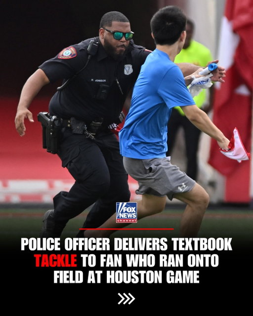 A field invader learns the hard way why running onto a college football field is a bad idea.

The fan takes off during Houston's season opener against Oregon State, but his run comes to a brutal end when a police officer squares him up and delivers a textbook tackle.