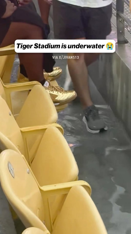 There’s an inch of water in the rows of Tiger Stadium ... and apparently one fan said shoes are optional.

(via X/JIVans13)