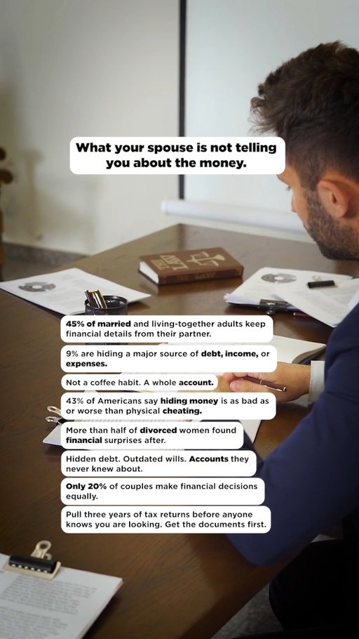 Hidden debt, secret accounts, outdated wills: How to uncover what your spouse isn't telling you about the money.

#CustodyBattle #LegalAdvice #LawyerTips #FamilyLaw