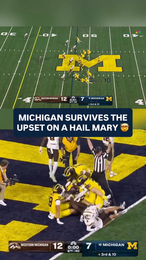 🚨 MICHIGAN WINS ON A HAIL MARY AT THE BUZZER 🤯〽️

No. 16 Michigan survives Western Michigan, 13-12, after Bryce Underwood connected with JJ Buchanan on a HAIL MARY as time expired to avoid a massive upset at the Big House.

Michigan entered the fourth quarter trailing 9-7 and fell behind 12-7 before its offense delivered when it mattered most. Underwood found Buchanan for the game-winning touchdown on the final play to completely flip what looked like a stunning Western Michigan victory.

Underwood finished 12-of-22 for 170 yards, one touchdown and one interception while adding 47 yards and another score on the ground. His final completion was by far the biggest of the night.

Buchanan exploded in the fourth quarter and finished with six catches for 126 yards and the game-winning touchdown, averaging 21 yards per reception.

Western Michigan quarterback Broc Lowry completed 15-of-21 passes for 89 yards without a touchdown or interception. The Broncos leaned heavily on the ground game, rushing 46 times for 132 yards, with Jalen Buckley leading the way with 62 yards on 19 carries.

Western Michigan led for nearly the entire second half and held Michigan to just seven points through the first 59 minutes of the game.

Then the Wolverines needed one final miracle.

BRYCE UNDERWOOD. JJ BUCHANAN. HAIL MARY. BALLGAME.

#collegefootball #cfb #cfb26 #cfb25