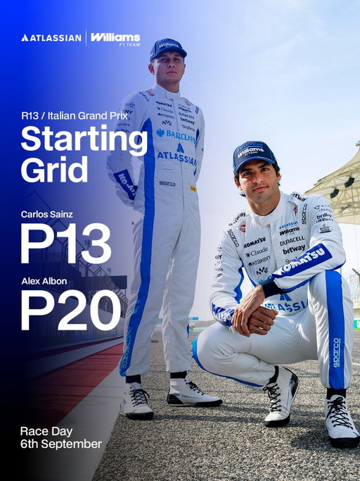Alex will start the Italian Grand Prix from P20 following PU changes. 

Carlos starts P13 as cars ahead took penalties. Let’s give it everything on race day 💙