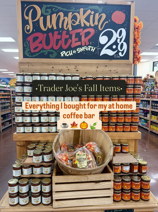 Everything I stocked up on for my at home coffee bar for FALL 🍂
You bet I spent my Saturday morning runnning to @traderjoes for the fall items release & they had it ALL in stock 😱

 #traderjoes #psl #fall #coffeeathome #coffee