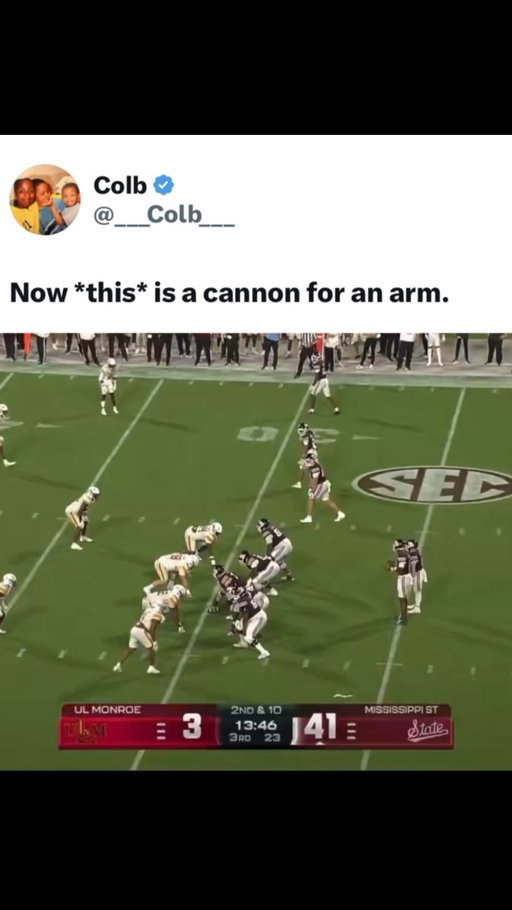Kamario Taylor has an absolute CANNON 😳😮‍💨

Taylor had a big time performance in Mississippi State’s season opener, leading the Bulldogs to a 62-13 win over ULM.

Taylor completed 22 of 34 passes for 354 yards and four touchdowns with no interceptions, while adding 59 rushing yards and a touchdown on six carries.

He finished with 413 total yards and five touchdowns in his first start at Davis Wade Stadium, helping Mississippi State score on each of its first eight possessions and pile up a school-record 762 yards of total offense.

(@espn)