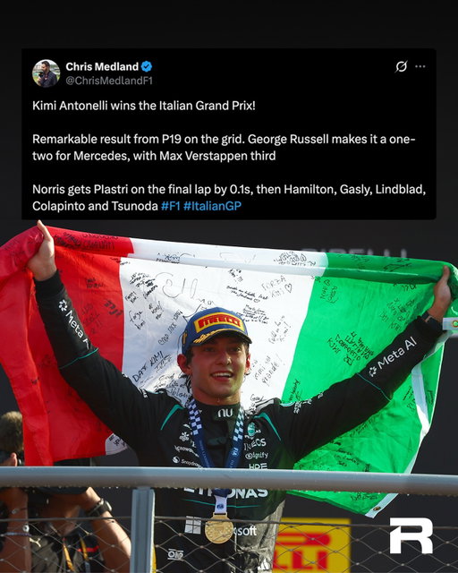 FROM THE BACK OF THE GRID!

Kimi Antonelli wins the Italian Grand Prix, becoming the first Italian driver to win his home race in 60 years. #RACER