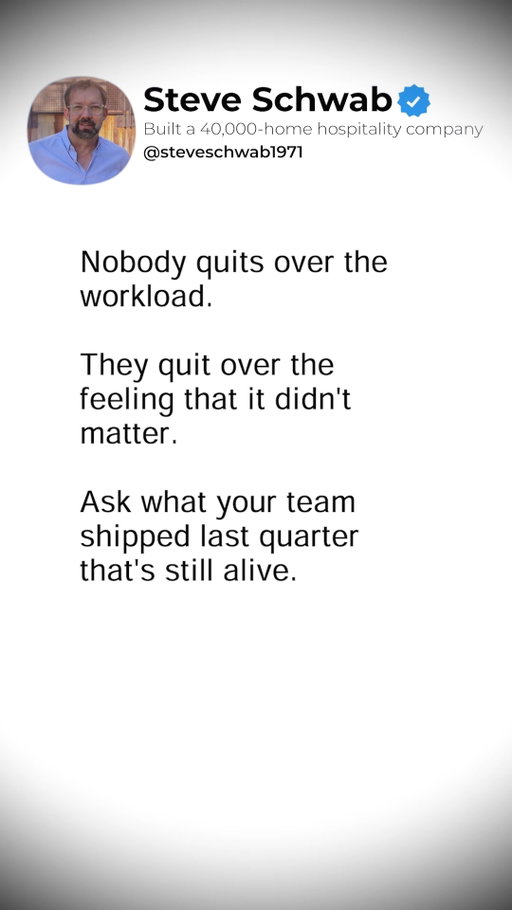 Nobody quits over the workload. 

High performers are energized by meaningful progress, not scared off by a full schedule. What causes top talent to leave is the discouraging realization that their output ultimately doesn't matter or stick within the organization.

Signs that work feels meaningless to a team:

- Abandoned Projects: Initiatives launched last quarter are discarded or forgotten.

- Lack of Impact: Energy is spent on projects that never see final execution.

- Futility: Hard work yields no lasting change or organizational growth.

Ensure your team's efforts lead to real, permanent progress.

Bigger isn't the win. Better is.

Follow @steveschwab1971 for more hospitality and leadership insights.

#EmployeeEngagement #RetentionStrategy #LeadershipSkills #ManagementExcellence