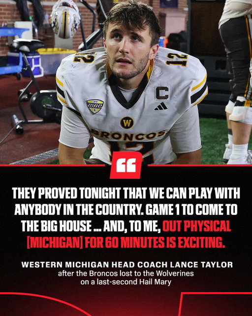 The Western Michigan Broncos left it all on the field in the Big House 💪

In a statement after the game, the Big Ten stood by the officials' review that showed the game clock at one second when the ball was touched by a Western Michigan player.