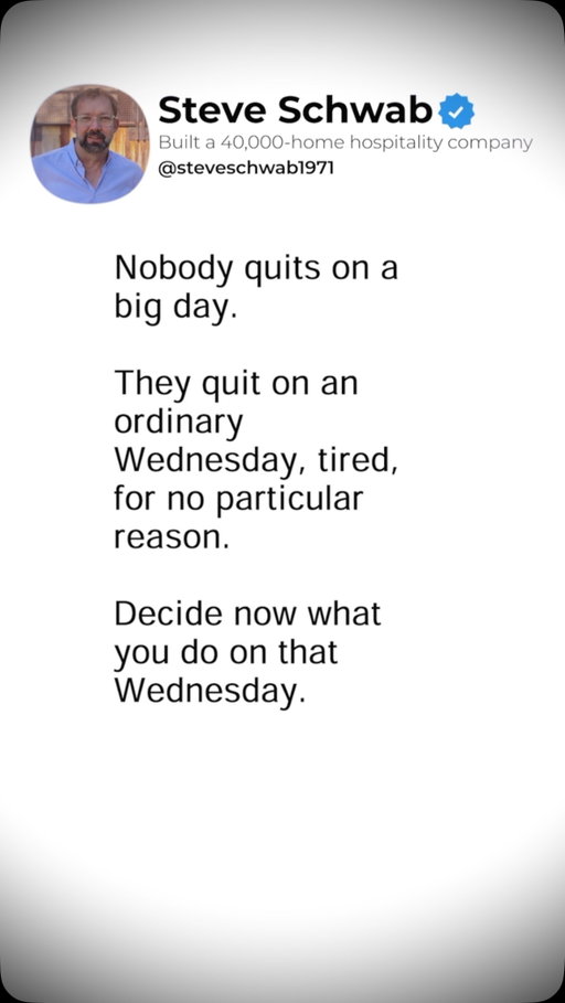 Nobody quits on a big day. 

People don’t walk away during major crises or big moments when adrenaline is high. They quit on an ordinary Wednesday, simply exhausted by the quiet friction of unsupportive systems, unresolved fatigue, and lack of momentum.

How leaders protect their teams from the “ordinary Wednesday” burnout:

* Pre-Decide Support Systems: Establish clear operational guardrails and support before exhaustion sets in.
* Focus on Daily Friction: Remove the small, repetitive annoyances that drain team energy over time.
* Build Long-Term Discipline: Rely on strong operational structures rather than temporary motivation to sustain performance.

Decide now what systems are in place to support the team when the work gets heavy.

Bigger isn’t the win. Better is.

Follow @steveschwab1971 for more hospitality and leadership insights.

#HospitalityLeadership #WorkplaceCulture #EmployeeRetention