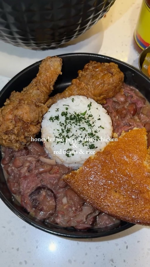 Honey lemon pepper fried chicken and red beans & rice that was cooking all day 😮‍💨 Angelo, Avea and I  been eating good all week!  Someone tell my mama to start a cooking page 😝 @vee_mechelle 
•
•
•
•
•
#soulfood #inlaws #marriedlife #relationshipgoals #family 
•
cute family, family of three, southern cooking , Cajun food, mother in law, cooking, husband and wife