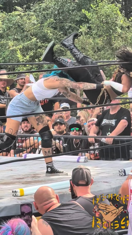 @thenatcastle walks the ropes, but her Hurracanrana attempt is blocked and turned into a brutal Buckle Bomb by @nixonnewell during non-tournament women's deathmatch action at @combatzone Tournament of Death XXIII!

#wrestling #womenswrestling #deathmatch #combatzonewrestling #todxxiii