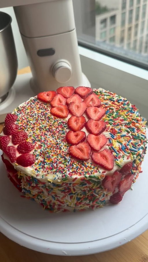 The ultimate strawberry sprinkle birthday cake with the ultra-light @bellakitchen STIR mixer! #ad The ideal mixer if you want mixing power without the weight of a traditional stand mixer 💕

Comment BELLA if you want a link to the fluffy vanilla cake + cream cheese frosting I used 🥰

#bellapartner