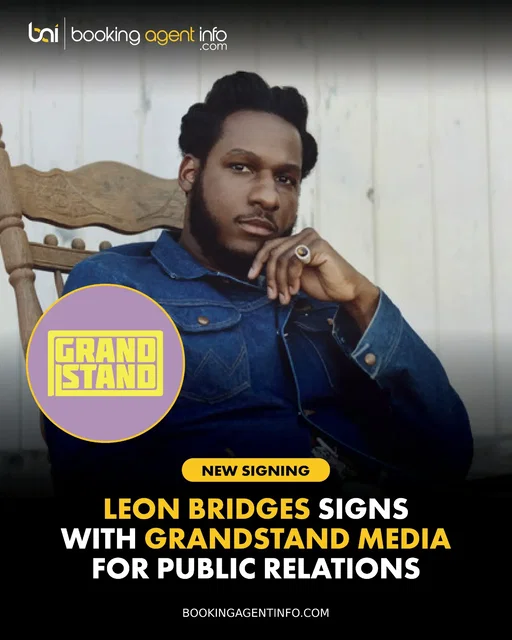 Leon Bridges (@leonbridges) has signed with Grandstand Media (@grandstandmediahq) for public relations representation.

He continues to be represented by CAA and managed by Mick Management.

His most recent release is the EP Happiness Anytime: Part 2, which dropped on August 21st, 2026 via Columbia Records.

The PR signing comes as the GRAMMY Award-winning soul singer, songwriter, and musician continues to cement his standing as one of modern R&B's most acclaimed artists. Bridges first broke onto the global stage with his 2015 platinum debut album Coming Home, earning a GRAMMY nomination for Best R&B Album.

He went on to win a GRAMMY for his hit single "Bet Ain't Worth The Hand" from his follow-up LP Good Thing (2018), and landed further critical acclaim and nominations for his third studio album Gold-Diggers Sound (2021).

Known for seamlessly blending classic soul, R&B, and Texas roots influences, Bridges has built a multi-platinum discography, headlined world tours, and collaborated with a wide array of heavyweights including John Mayer, Luke Combs, Miranda Lambert, and Noah Cyrus.

Create a free account at BookingAgentInfo.com to be the first to know about new music industry signings.

Follow @bookingagentinfo_ for more.