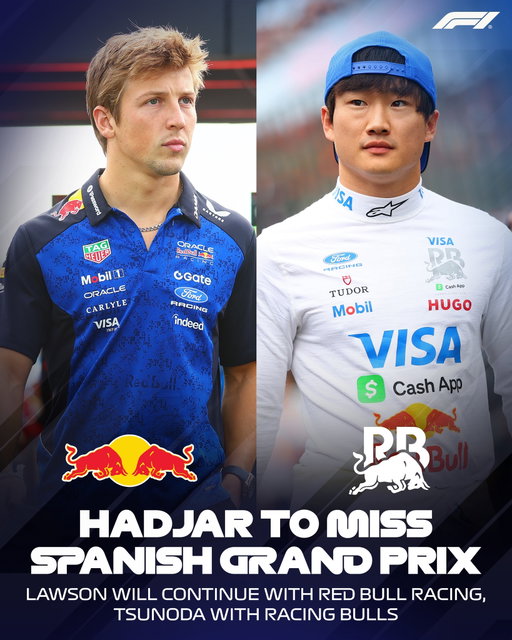 Liam Lawson and Yuki Tsunoda will again drive for Red Bull Racing and Racing Bulls respectively at this weekend's Spanish Grand Prix

Isack Hadjar will be in Madrid supporting his team as he continues to heal from his injury and we wish him well on his recovery 

#F1 #SpanishGP #Formula1