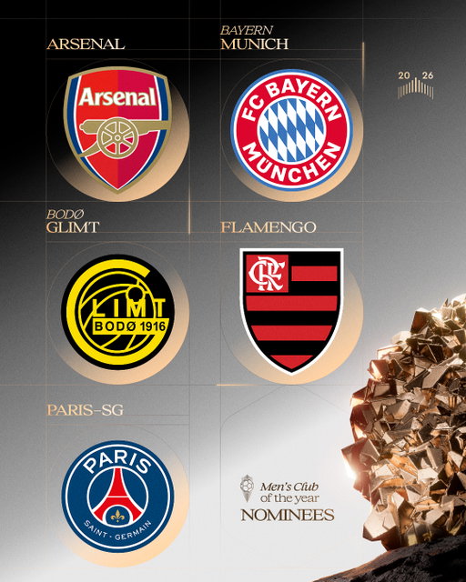 Nominated for the 2026 Men's Club of the Year ⬇️

🏴󠁧󠁢󠁥󠁮󠁧󠁿 Arsenal 
🇩🇪 Bayern Munich 
🇳🇴 Bodø/Glimt 
🇧🇷 Flamengo 
🇫🇷 Paris-SG 

#ballondor