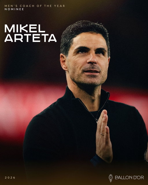Fully deserved 👏⁣
⁣
Mikel Arteta has been nominated for the 2026 Ballon d'Or Men's Coach of the Year award.