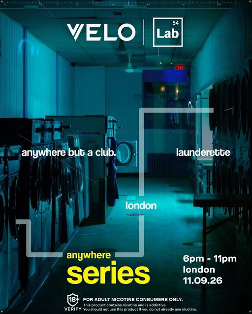 Comment 🪩 to grab your spot!

We’re transforming a London Launderette on Friday 11th September with @velo.unitedkingdom as part of our Anywhere Series.

Come freshen up for the party on Thursday 10th September , with free washes on Velo from 5:30pm-9pm, just show your ticket and drop your load - you’ll also get a Velo laundry bag to take your washing home in too.

18+. For adult nicotine consumers only. This product contains nicotine and is addictive. You should not use this product if you do not already use nicotine.