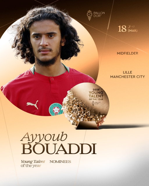 Nominated for the 2026 Men's Young Talent of the Year ⬇️

@ayyoub.bouaddi 
@losclive 
@mancity 
@equipedumaroc 

#ballondor