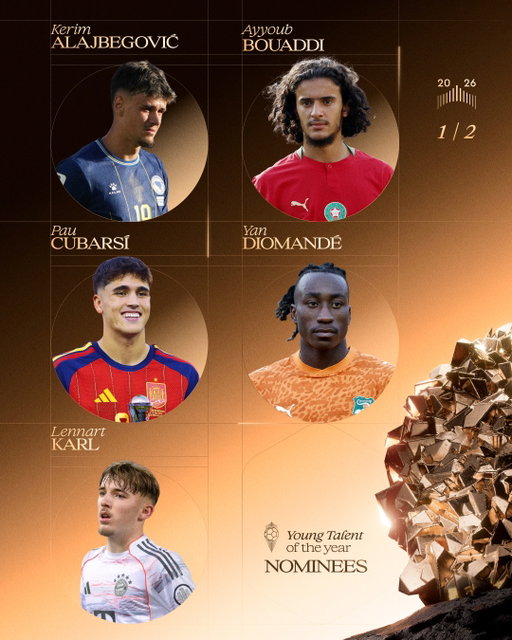 Nominated for the 2026 Men's Young Talent of the Year ⬇️

🇧🇦 Kerim Alajbegović 
🇲🇦 Ayyoub Bouaddi
🇪🇸 Pau Cubarsí 
🇨🇮 Yan Diomandé 
🇩🇪 Lennart Karl 
🇫🇷 Éli Junior Kroupi 
🇪🇸 Lamine Yamal
🇨🇭 Johan Manzambi 
🇩🇿 Ibrahim Maza 
🇫🇷 Warren Zaïre-Emery 

#ballondor