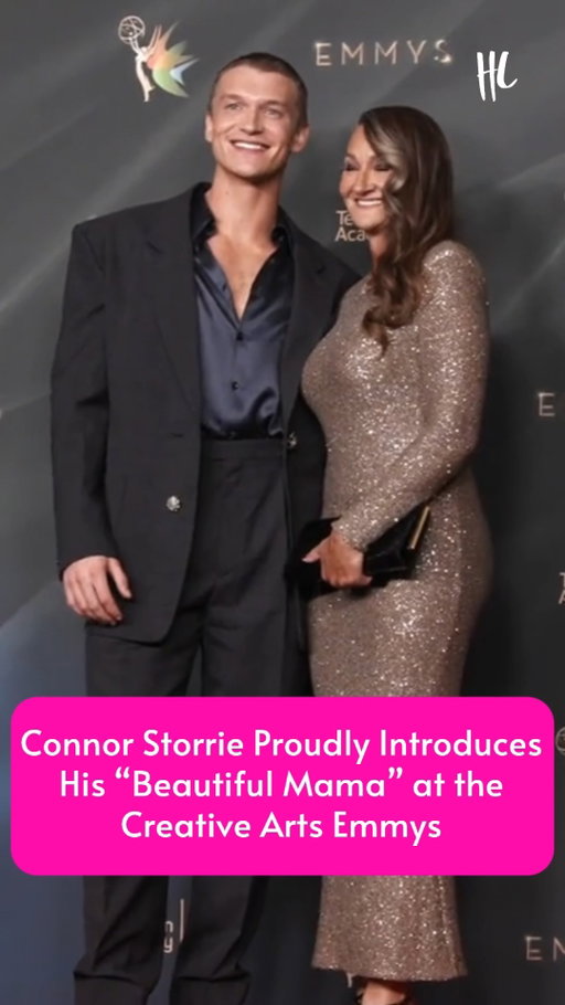 A man raised right! 🥰 #HeatedRivalry star Connor Storrie introduced his "beautiful mama" on the red carpet at the Creative Arts Emmy Awards. (🎥: Getty Images)