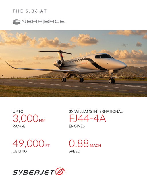 Twin Williams International FJ44-4A engines. 
Mach 0.88. 
3,000 nm range. 
49,000 ft ceiling. 

NBAA-BACE is where the industry gathers to see what's next, and this October we'll be there with the numbers behind the SJ36.