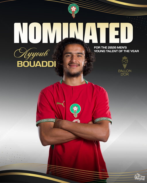 أيــــوب بــــوعــــدي ضمن قائمة المرشحين لجائزة أفضل موهبة 🤩

Ayyoub Bouaddi has been nominated for the 2026 Men’s Young Talent of the Year award 🌟

#DimaMaghrib 🇲🇦